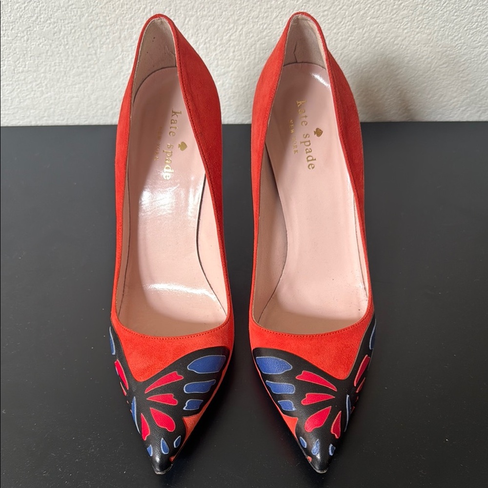 kate spade Red Suede Pointed Toe Heels with Blue & Black Accent